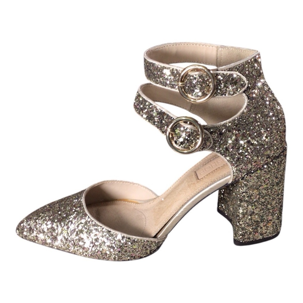 TopShop Heels Gold Glitter Block Heel Double Ankle Strap Buckles size 5.5 EUC